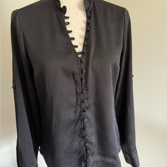 Express Black Ruffle V-Neck Button-Front Blouse - Picture 2 of 5